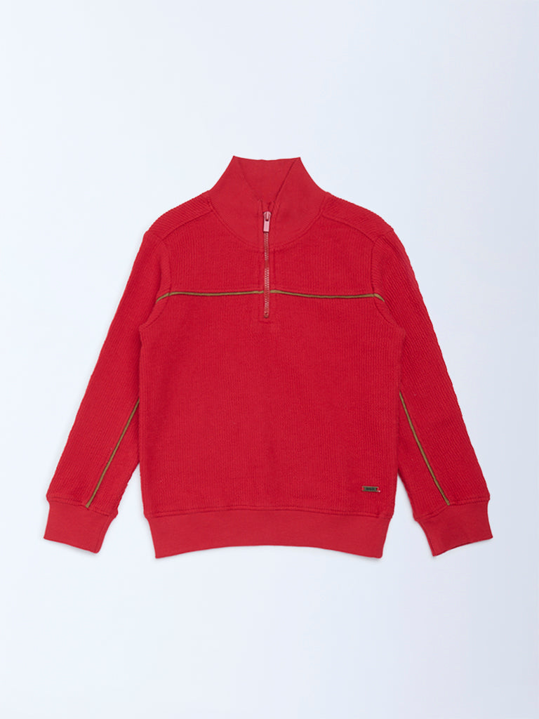 HOP Kids Boys Red Quarter-Zip Cotton Sweatshirt