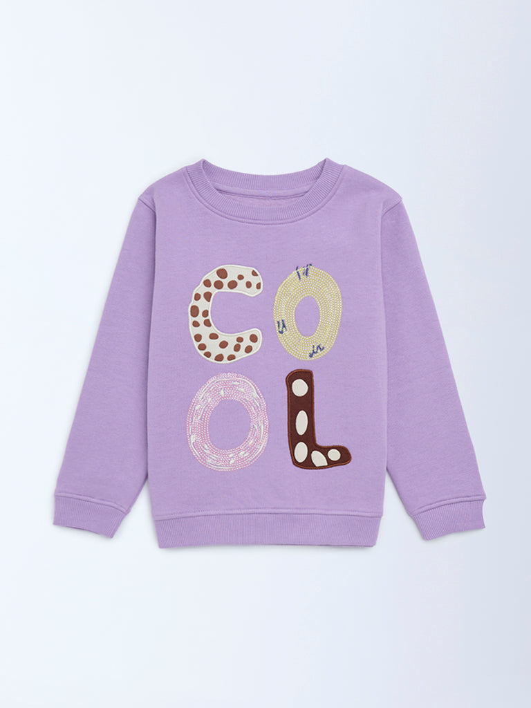HOP Kids Girls Lilac Text Design Cotton-Blend Sweatshirt