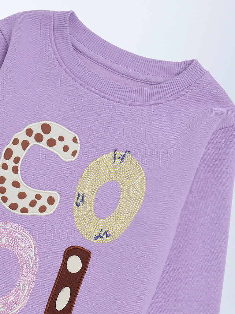 HOP Kids Girls Lilac Text Design Cotton-Blend Sweatshirt
