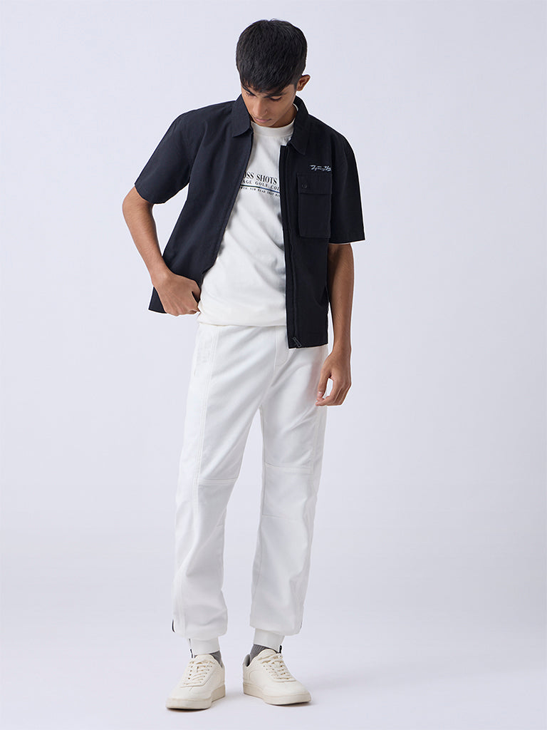 Boys Black Typographic Resort-Fit Shirt