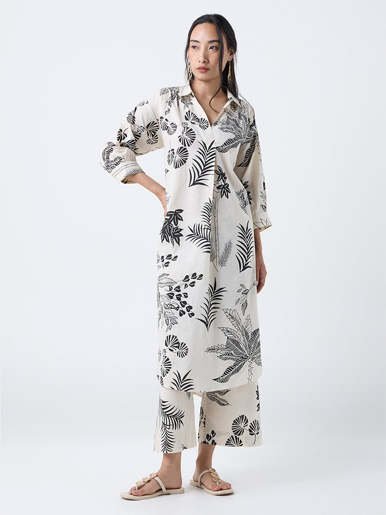 Utsa Off-White Foliage Design Cotton A-Line Kurta