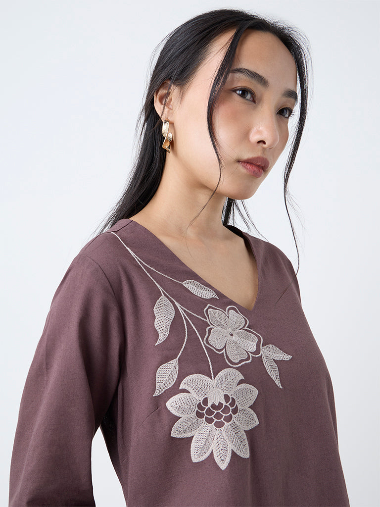 Utsa Brown Floral Embroidered Cotton-Blend A-Line Kurta