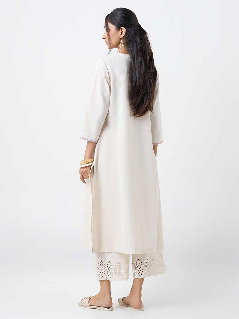 Utsa Off-White Embroidered Cotton-Blend A-Line Kurta