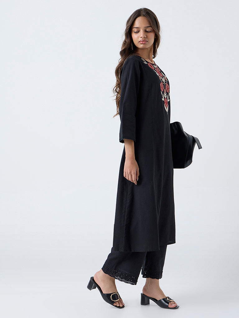 Utsa Black Floral Embroidered Cotton-Blend A-Line Kurta