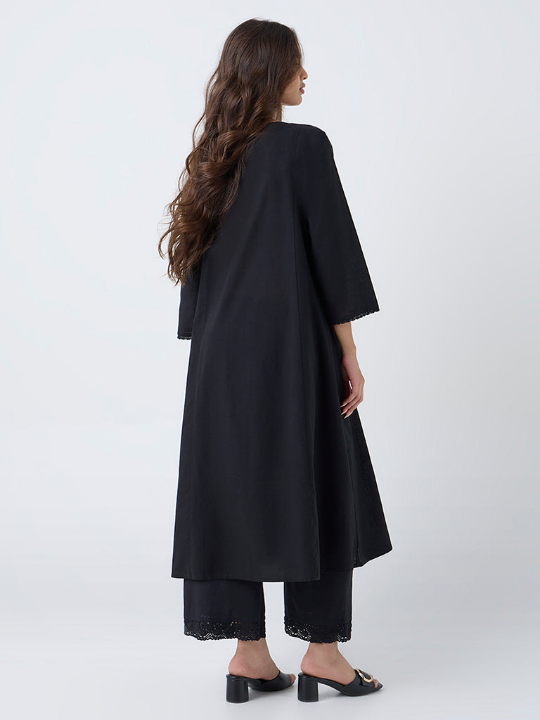 Utsa Black Floral Embroidered Cotton-Blend A-Line Kurta