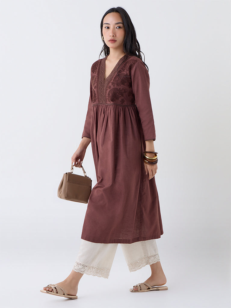 Utsa Dark Brown Embroidered Fit-and-Flare Cotton Kurta