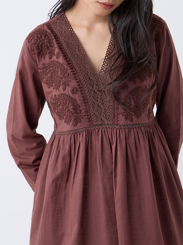 Utsa Dark Brown Embroidered Fit-and-Flare Cotton Kurta