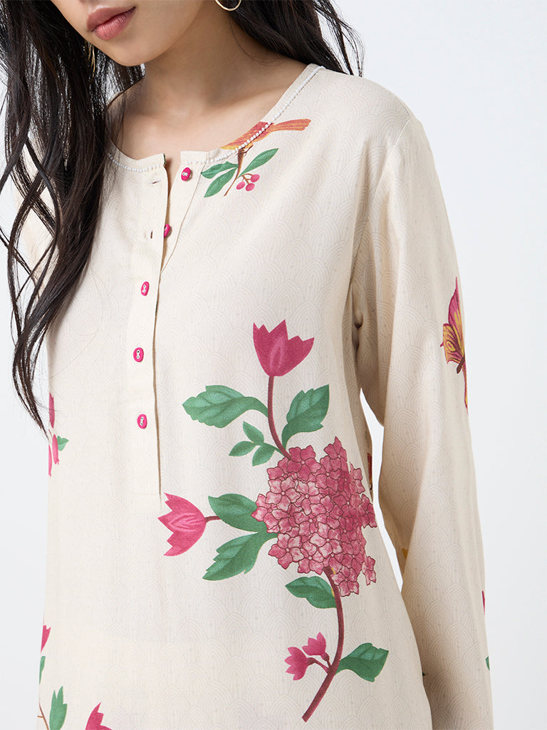 Utsa Cream Botanical Design A-Line Kurta