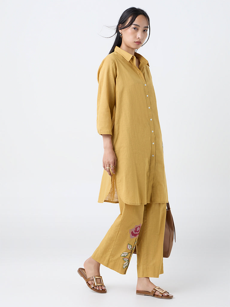 Utsa Mustard Floral Embroidered Cotton A-Line Kurta