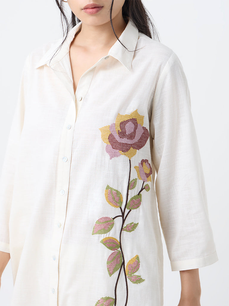 Utsa Off-White Floral Embroidered Cotton A-Line Kurta