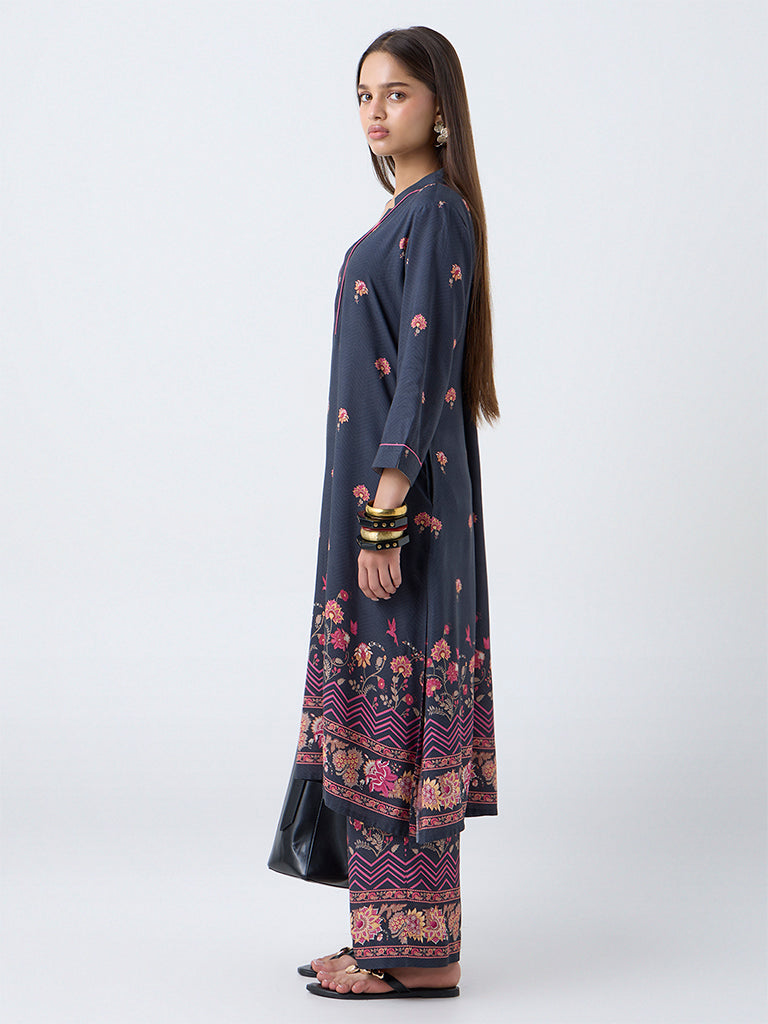 Utsa Black Floral Design Straight Kurta