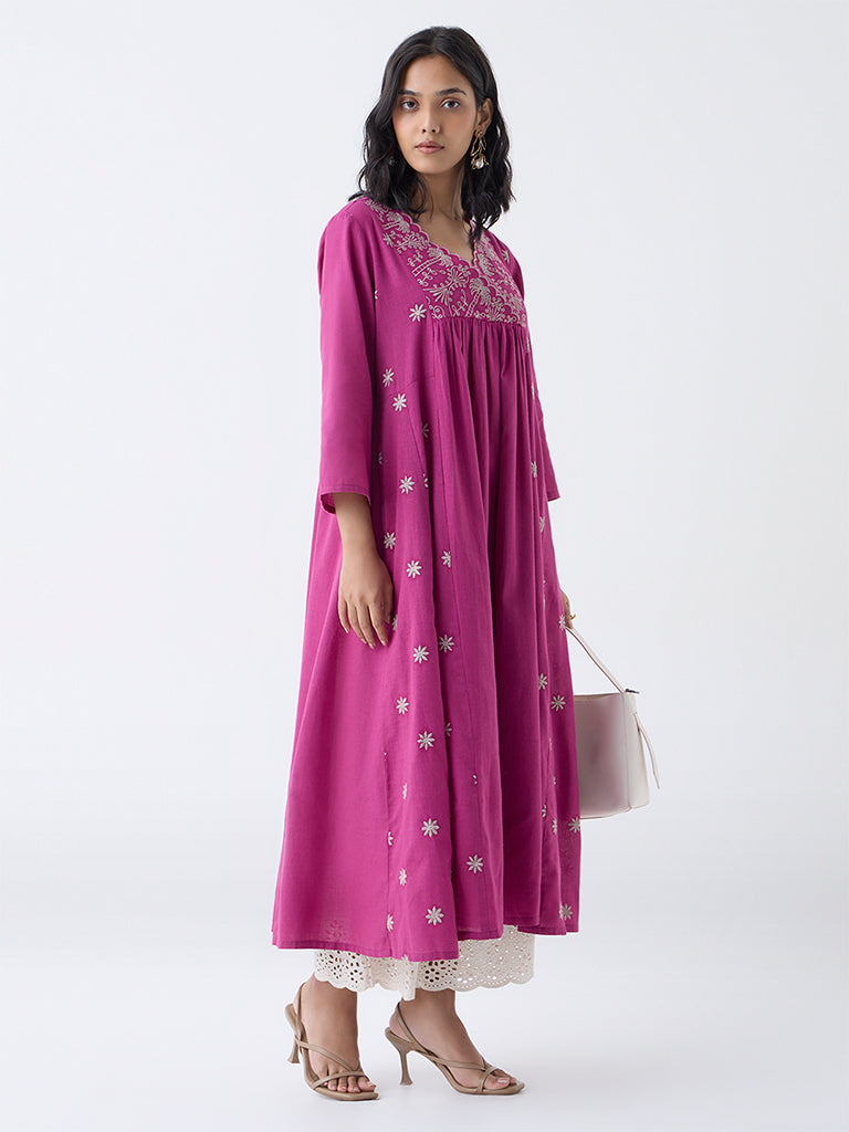 Utsa Magenta Embroidered Anarkali Cotton Kurta