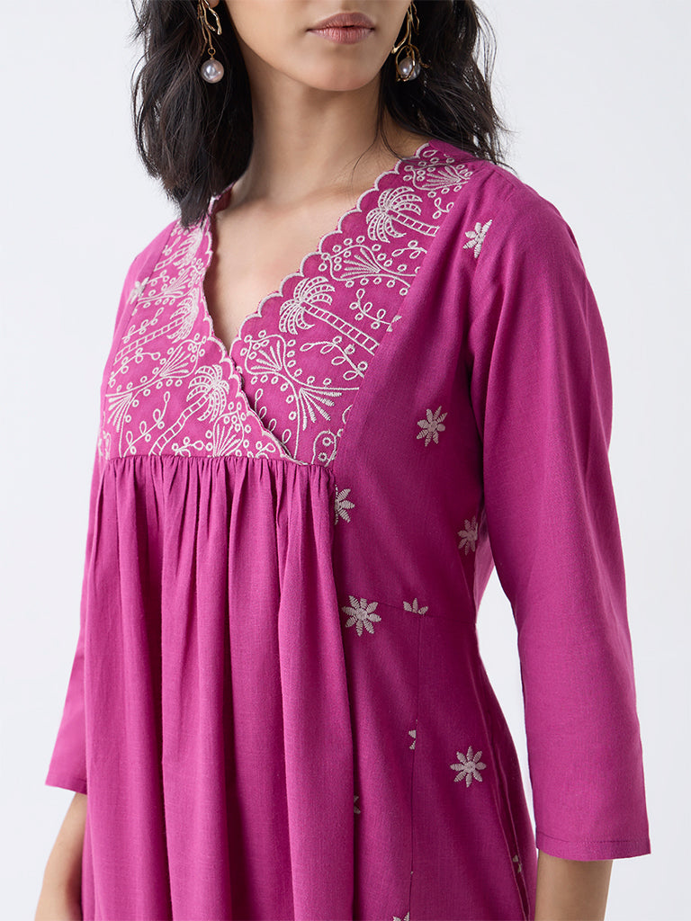 Utsa Magenta Embroidered Anarkali Cotton Kurta
