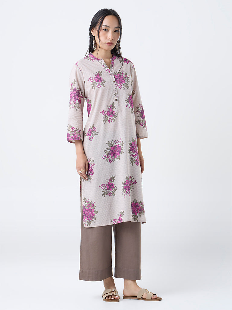 Utsa Beige Floral Design Straight Cotton Kurta