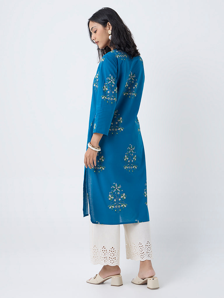 Utsa Blue Foliage Print Cotton Straight Kurta