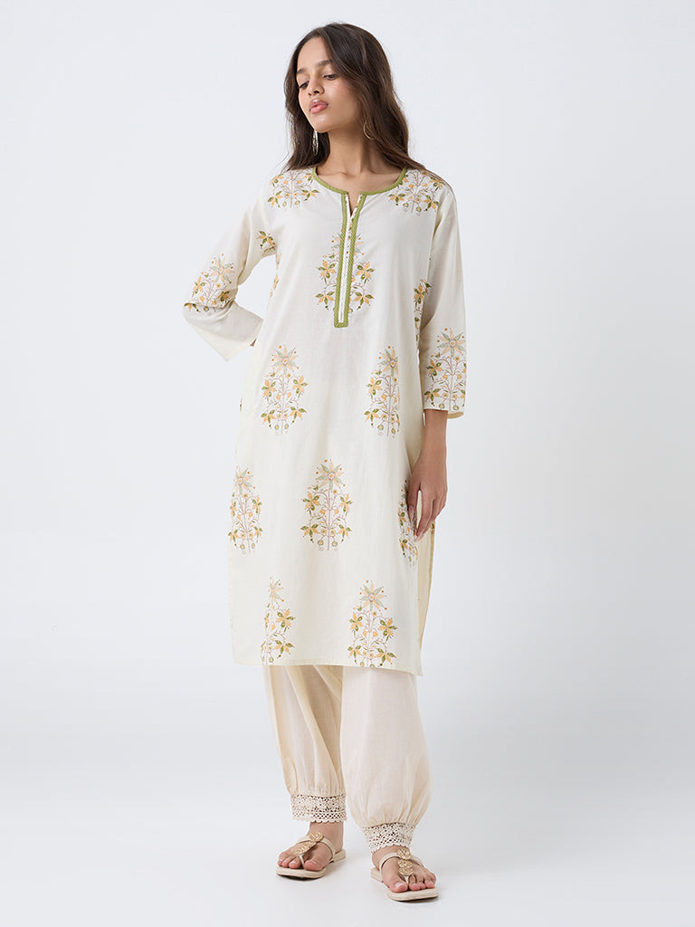 Utsa Off-White Floral Pattern Cotton Straight Kurta