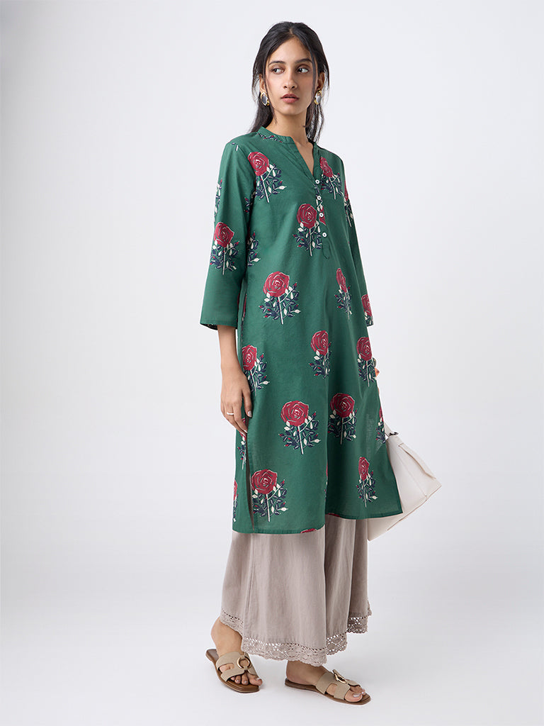 Utsa Green Floral Butta Print Cotton Straight Kurta