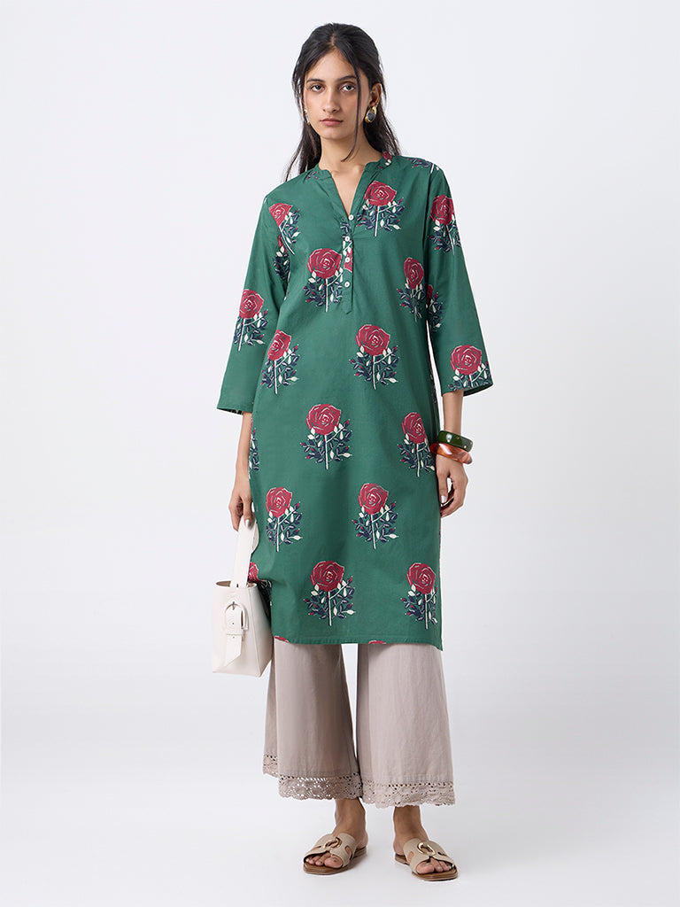 Utsa Green Floral Butta Print Cotton Straight Kurta