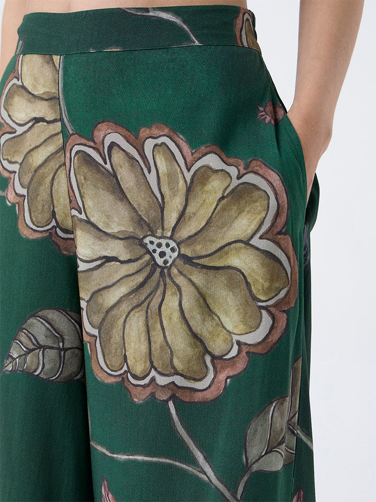Utsa Dark Green Botanical Pattern Palazzos