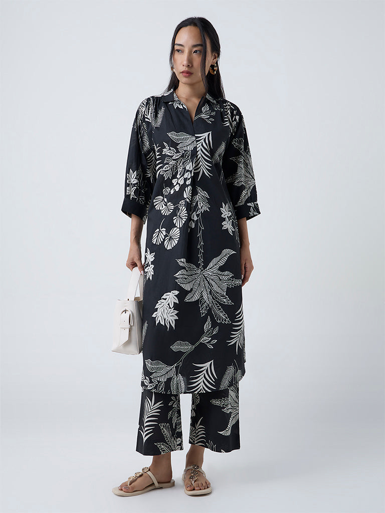 Utsa Black Foliage Design Cotton Ethnic Pants