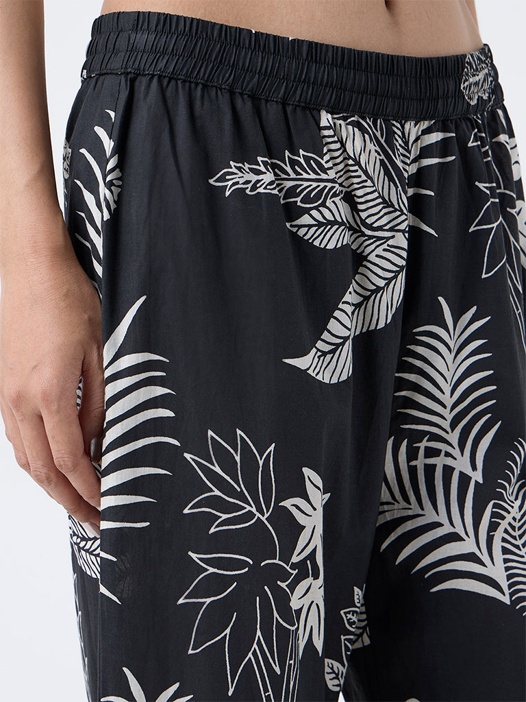 Utsa Black Foliage Design Cotton Ethnic Pants