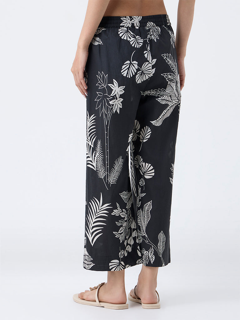 Utsa Black Foliage Design Cotton Ethnic Pants