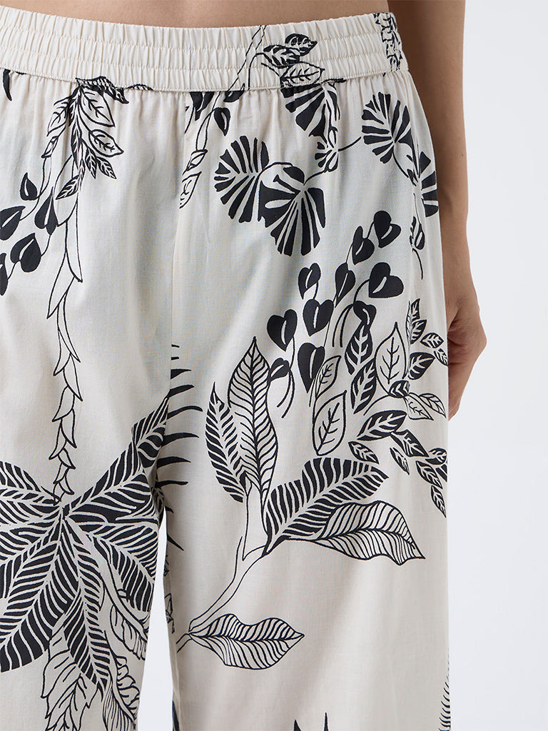 Utsa Off-White Foliage Printed Cotton Ethnic Pants