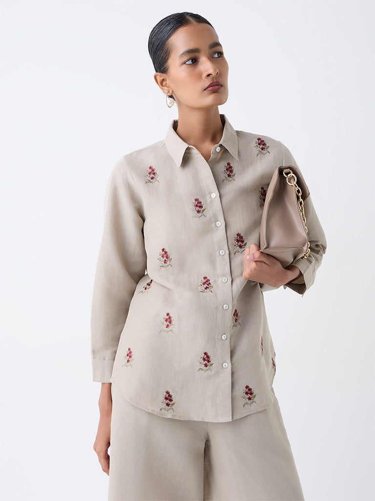 Zuba Taupe Floral Embroidered Linen-Blend Tunic