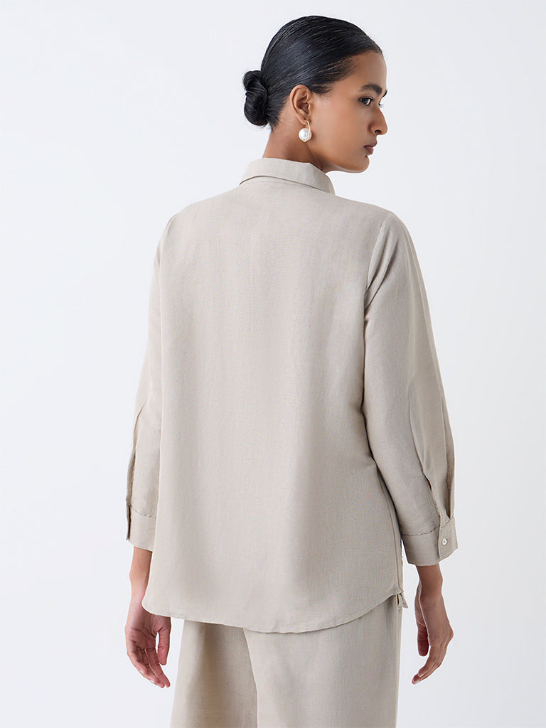 Zuba Taupe Floral Embroidered Linen-Blend Tunic