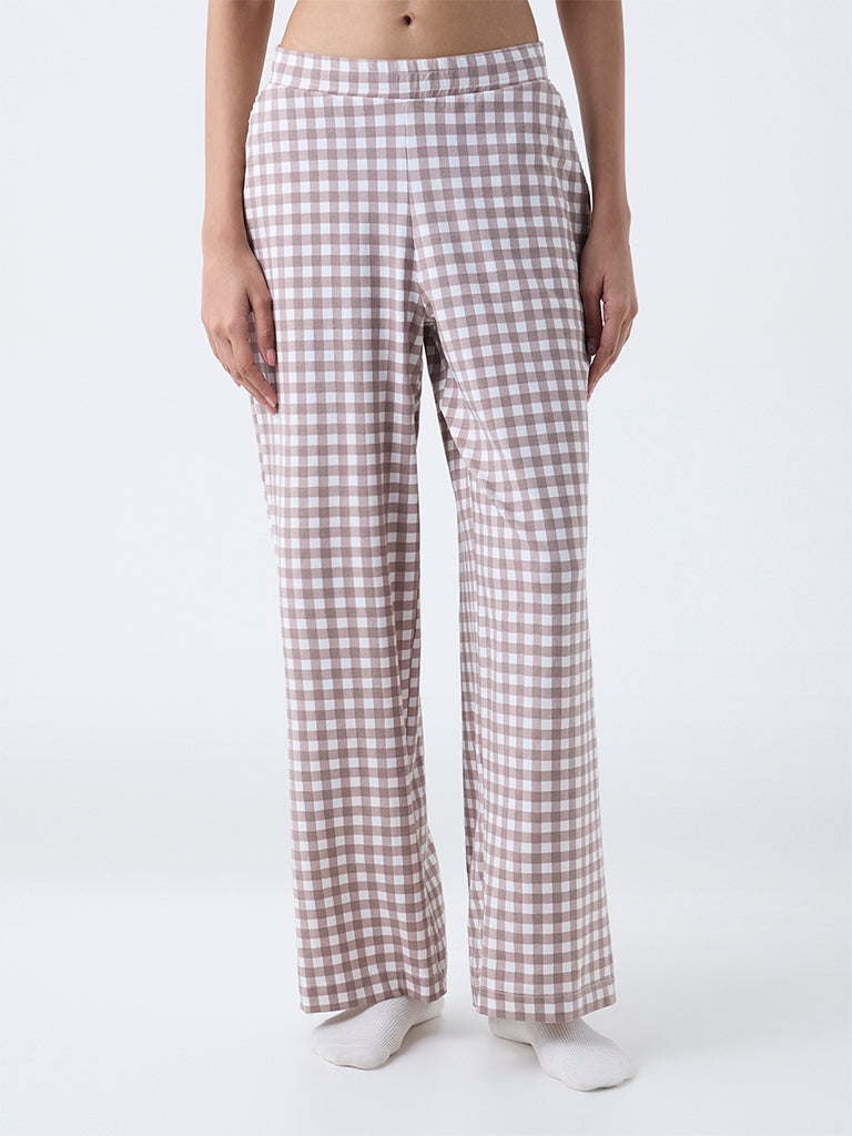 Superstar Brown Checks High-Rise Cotton-Blend Pants