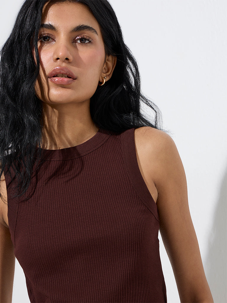 Superstar Dark Brown Ribbed Cotton-Blend Tank Top