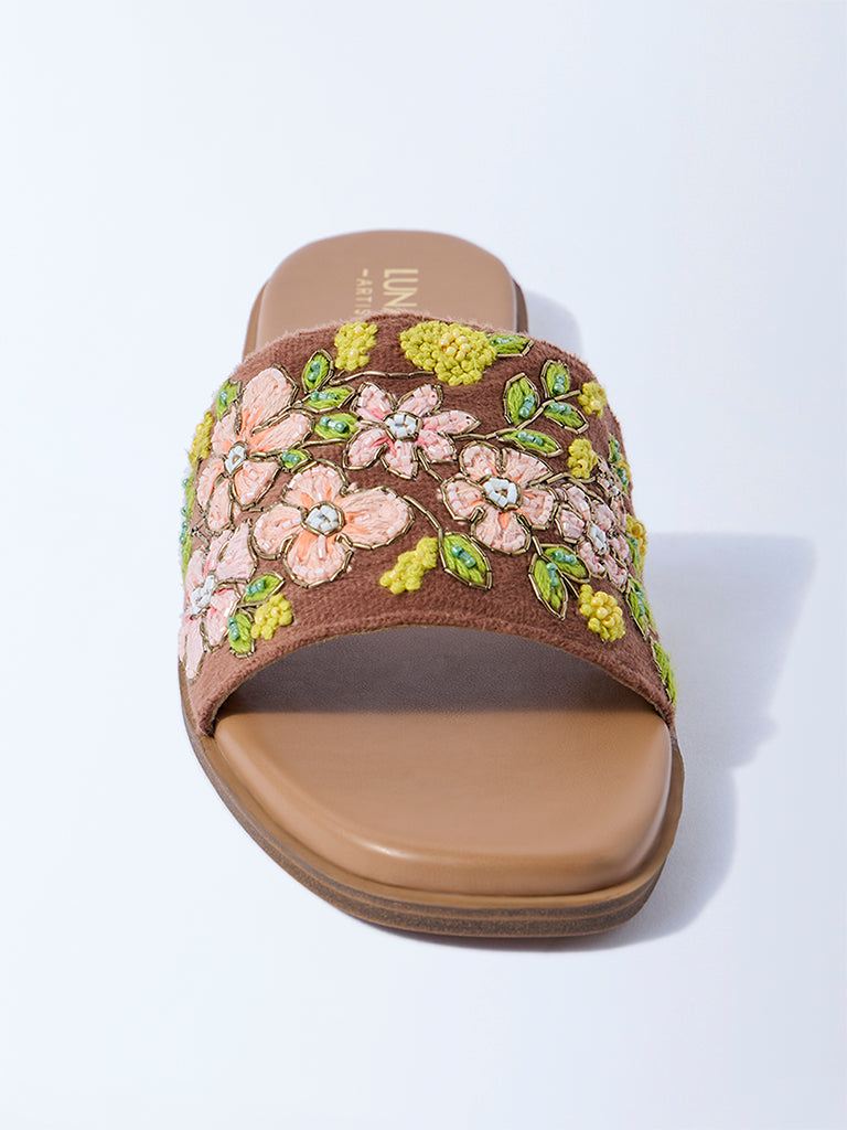 LUNA BLU Tan Floral Embroidered Slides