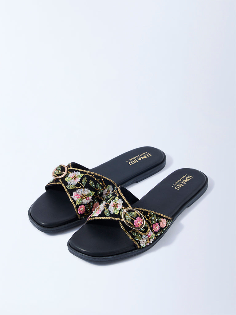 LUNA BLU Black Floral Embroidered Slides