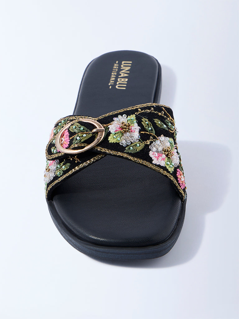 LUNA BLU Black Floral Embroidered Slides