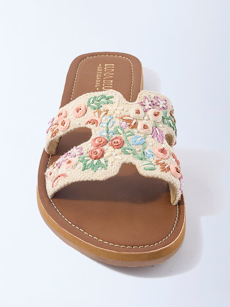 LUNA BLU Ivory Floral Embroidered Slides - Exclusive
