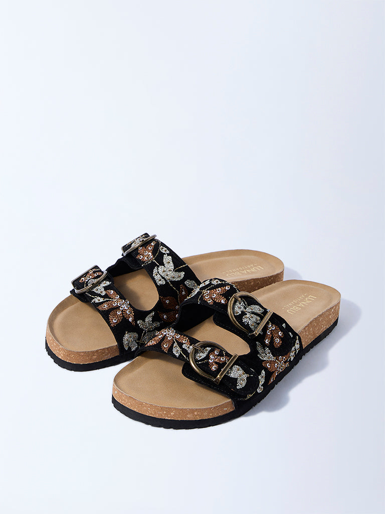 LUNA BLU Black Floral Embroidered Sandals