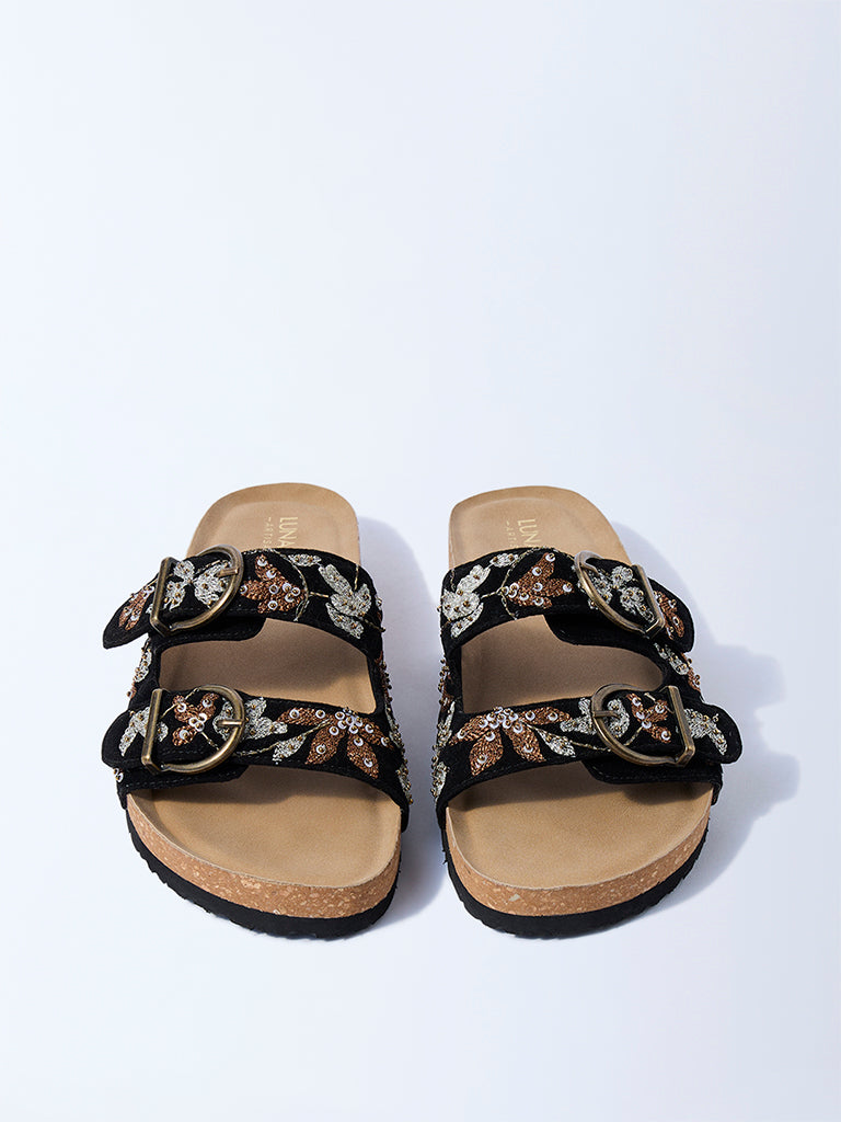 LUNA BLU Black Floral Embroidered Sandals