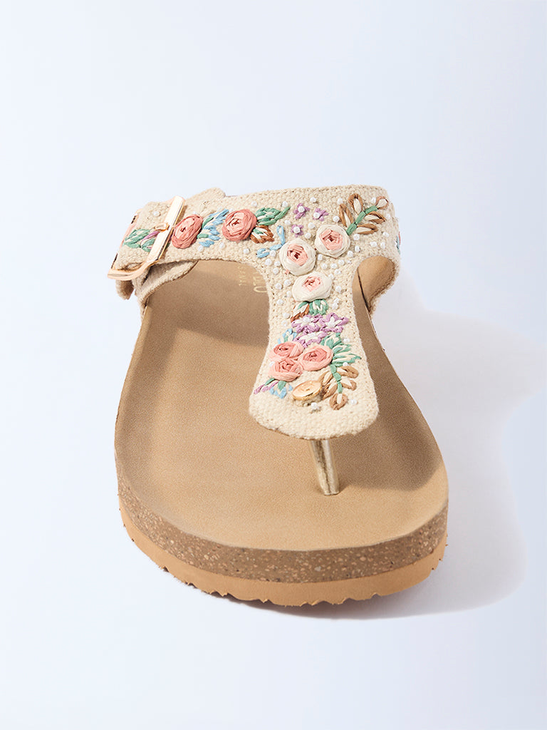 LUNA BLU Ivory Floral Embroidered Thong-Strap Sandals - Exclusive