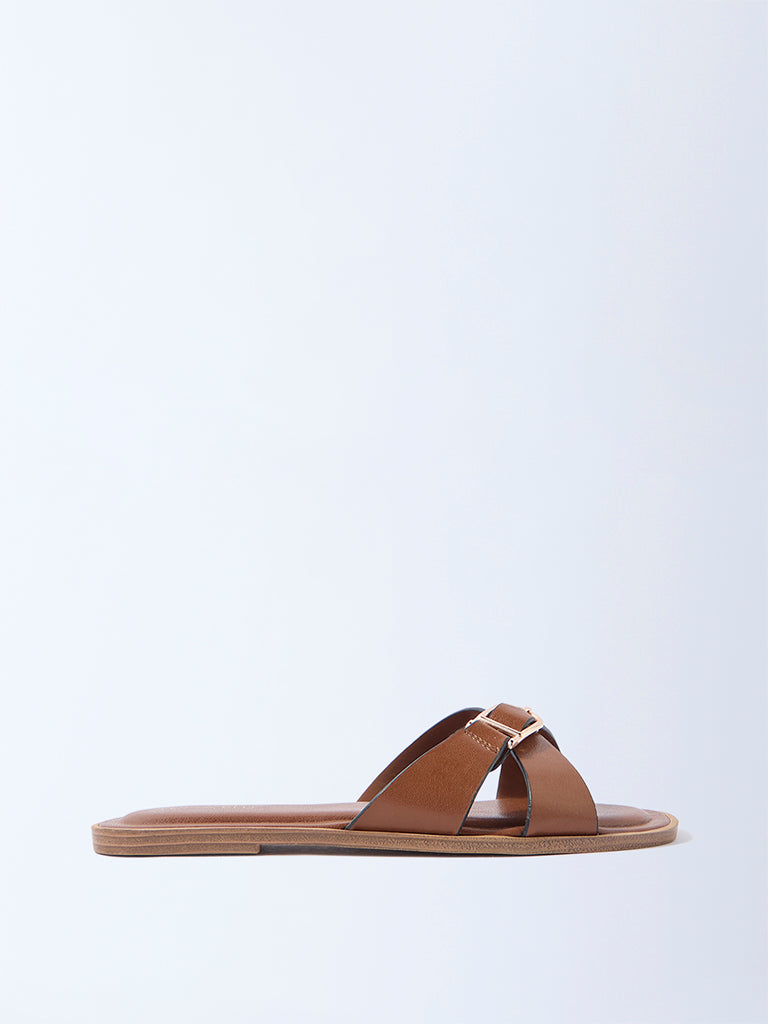 LUNA BLU Brown Criss-Cross Detailed Slides- Exclusive