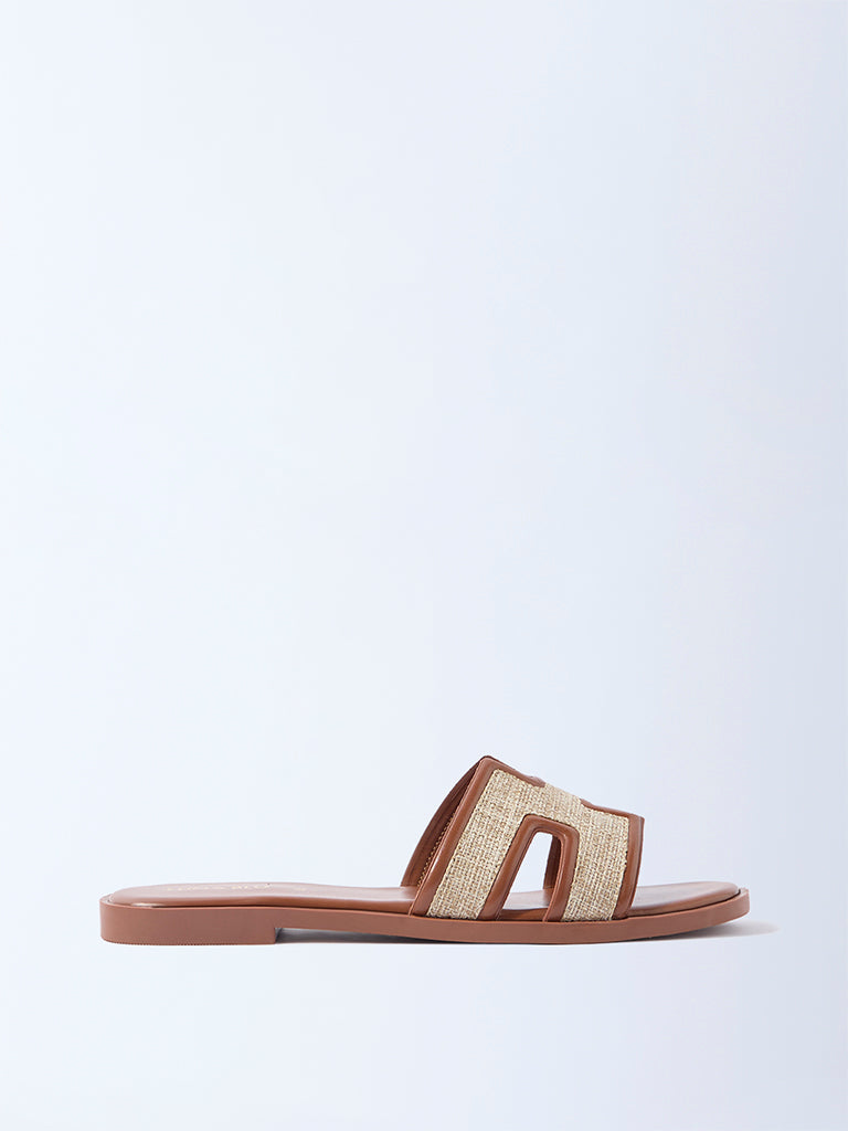 LUNA BLU Tan Raffia-Textured Slides - Exclusive