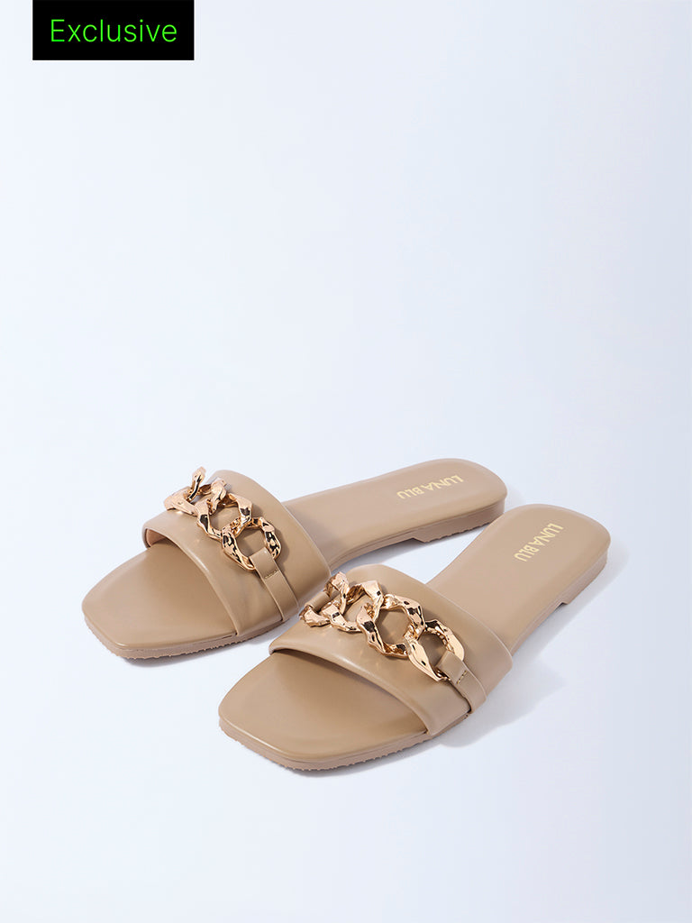 LUNA BLU Taupe Buckle-Detailed Slides - Exclusive