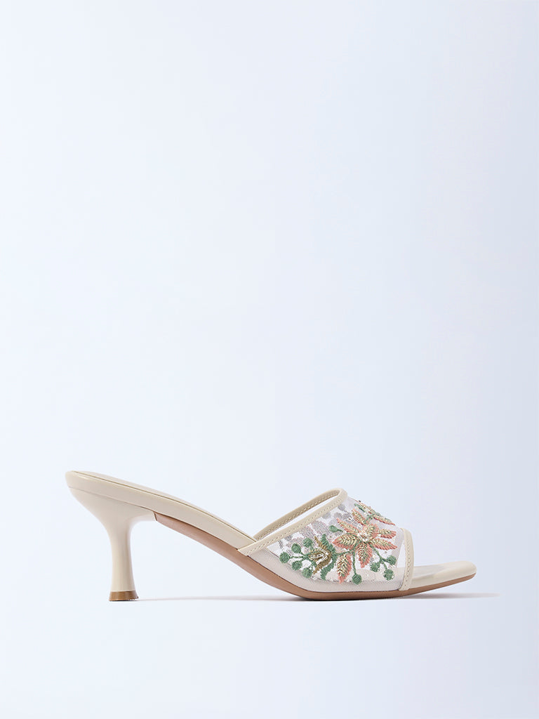 LUNA BLU Ivory Floral Embroidered Kitten Heel Sandals - Exclusive