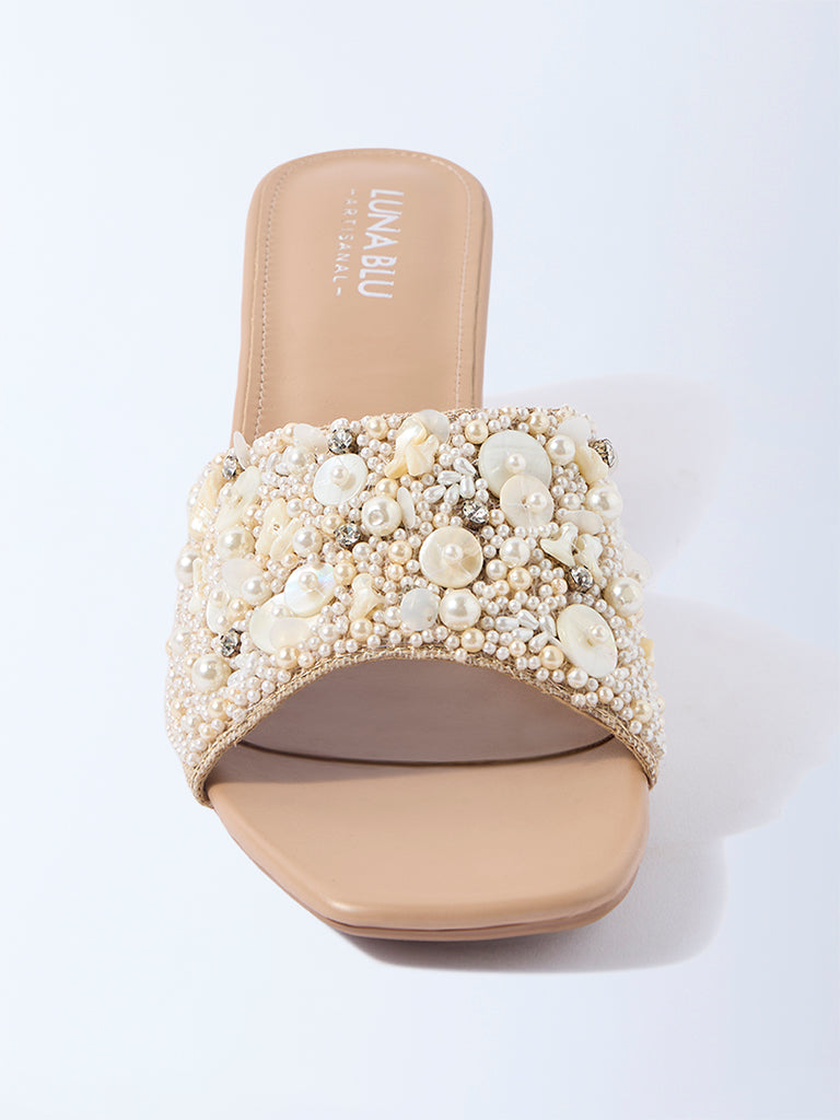 LUNA BLU Beige Embellished Block-Heel Sandals - Exclusive