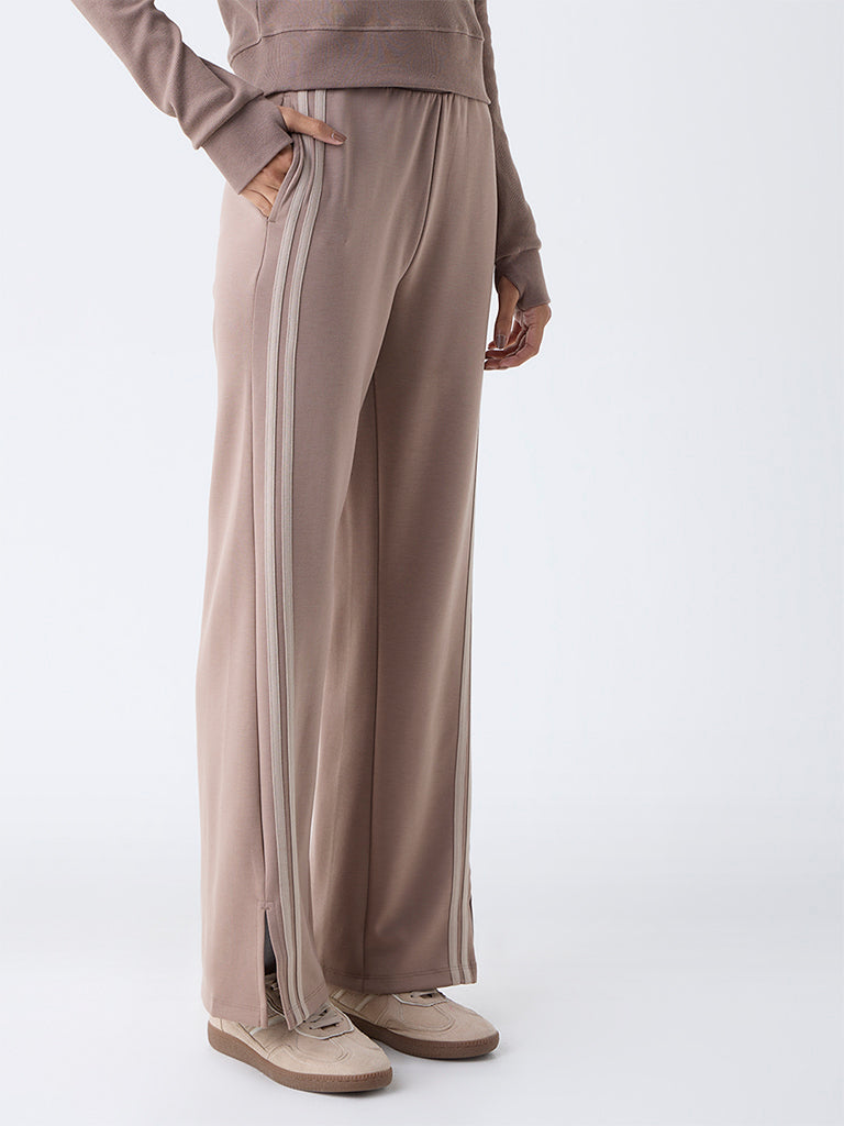Studiofit Beige Solid High-Rise Cotton-Blend Pants
