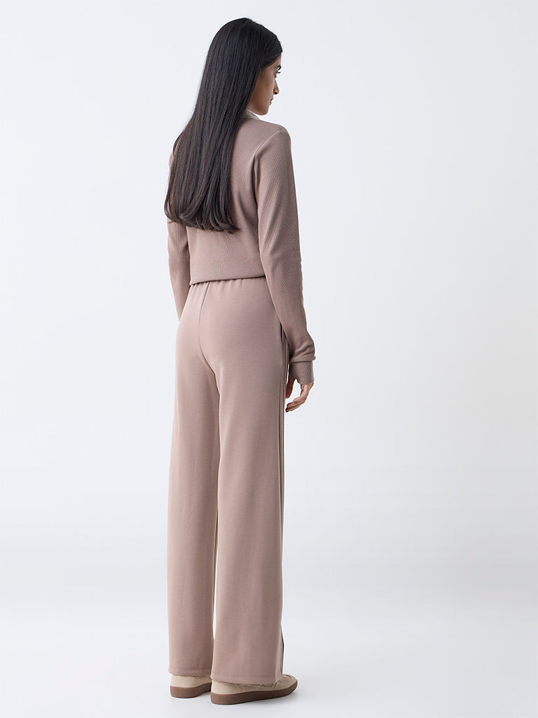 Studiofit Beige Solid High-Rise Cotton-Blend Pants