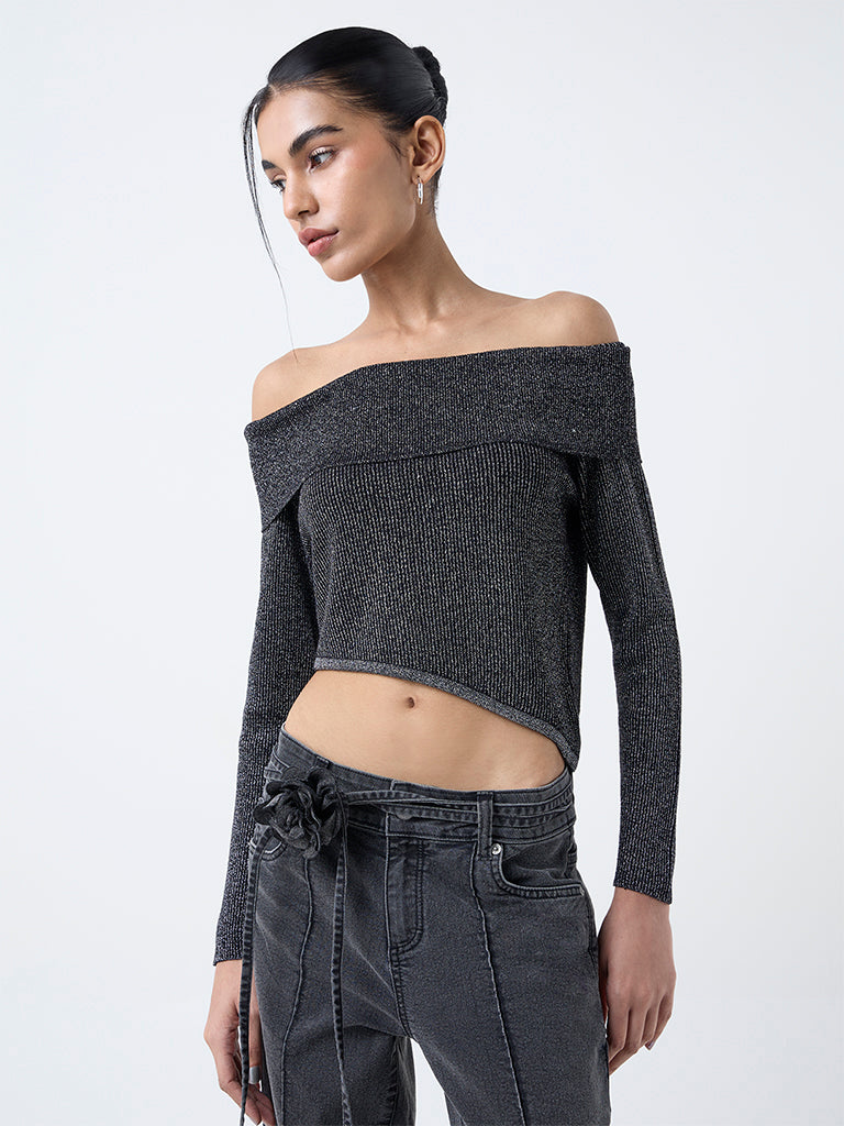 Nuon Grey Ribbed Off-Shoulder Top