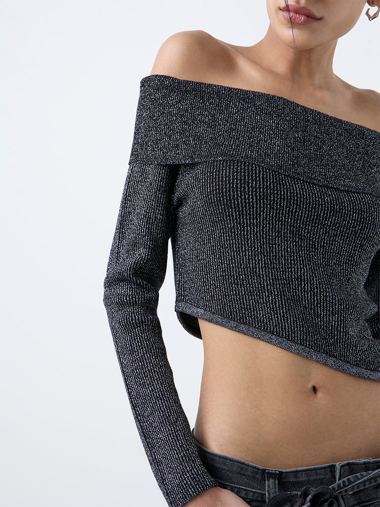 Nuon Grey Ribbed Off-Shoulder Top