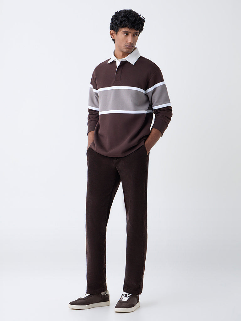 WES Casuals Dark Brown Relaxed-Fit Polo Cotton-Blend T-Shirt