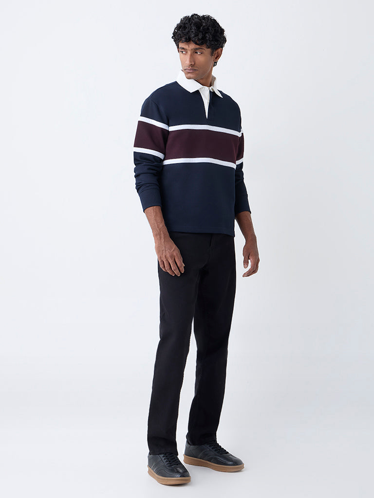 WES Casuals Navy Colour-Blocked Relaxed-Fit Polo T-Shirt