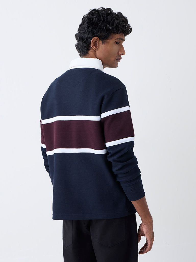 WES Casuals Navy Colour-Blocked Relaxed-Fit Polo T-Shirt